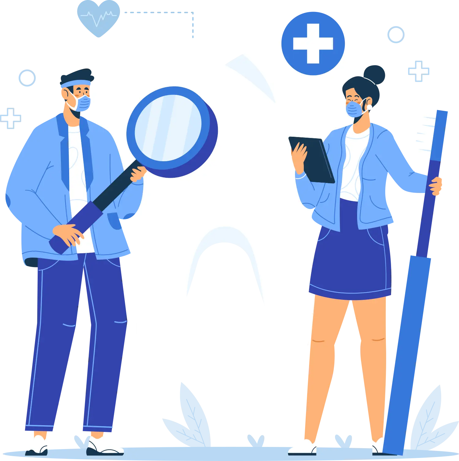 Illustration of two dentists, one holding a magnifying glass